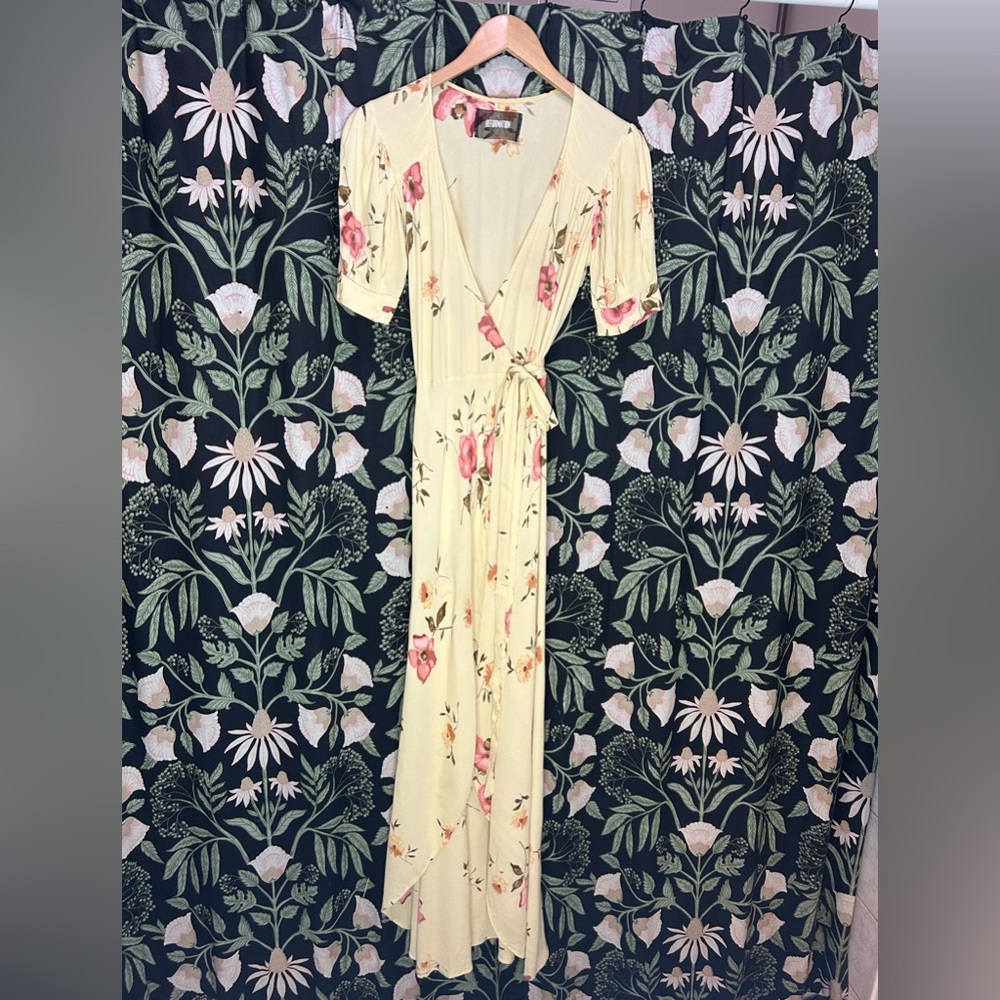 Reformation yellow floral wrap dress